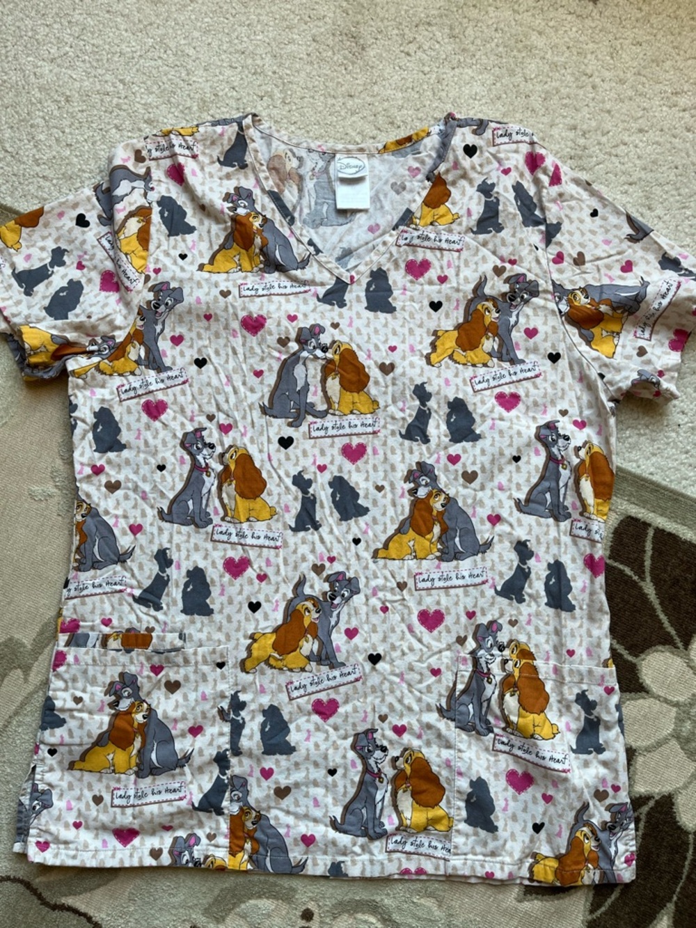 Disney Cream and Pink Lady & the Tramp V-Neck Scrub Top